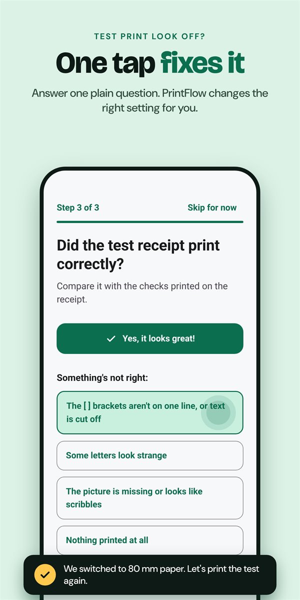 Did the test receipt print correctly? with one-tap answers to fix problems.